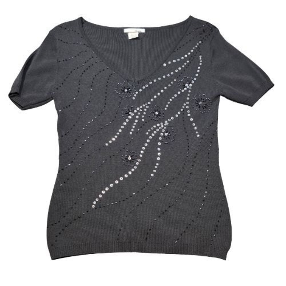 Marilu Black V-Neck S/M Short Sleeve Knit Top Sequin Beaded Embellished Formal